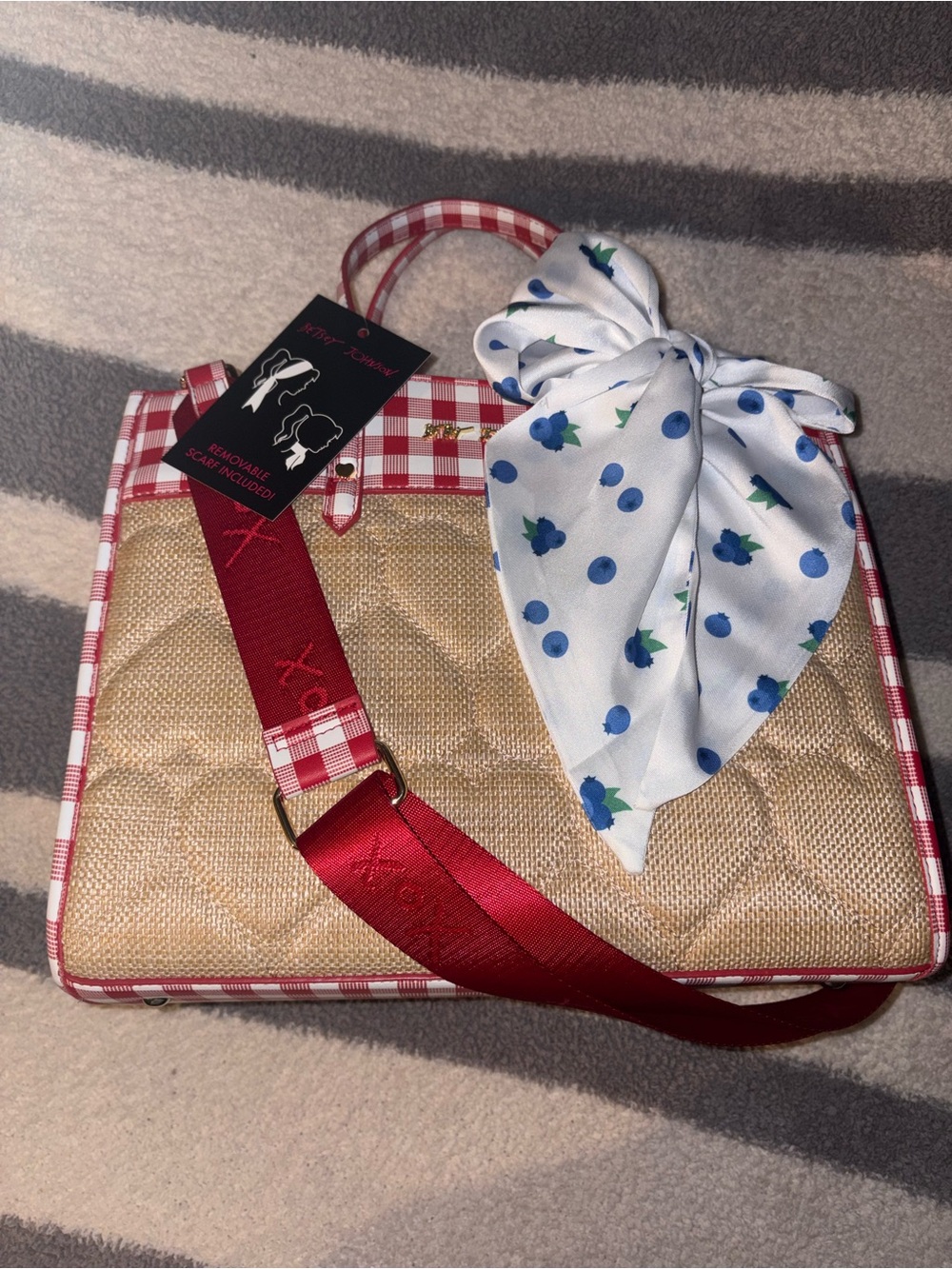 Red Gingham Trim Straw Tote with Blue Floral Scarf